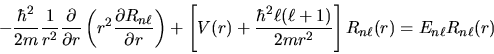 \begin{displaymath}
-\frac{\hbar^2}{2m} \frac{1}{r^2}
\frac{\partial}{\partial r...
...(\ell+1)}{2mr^2} \right] R_{n\ell}(r)
= E_{n\ell} R_{n\ell}(r)
\end{displaymath}
